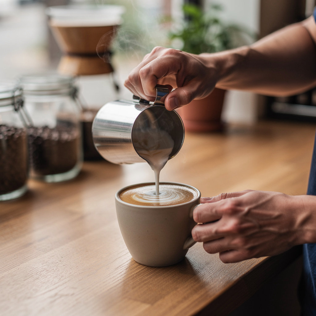 Freshly brewed specialty coffee at Bean & Barrel Portland coffee, showcasing our rich espresso and pour-over offerings